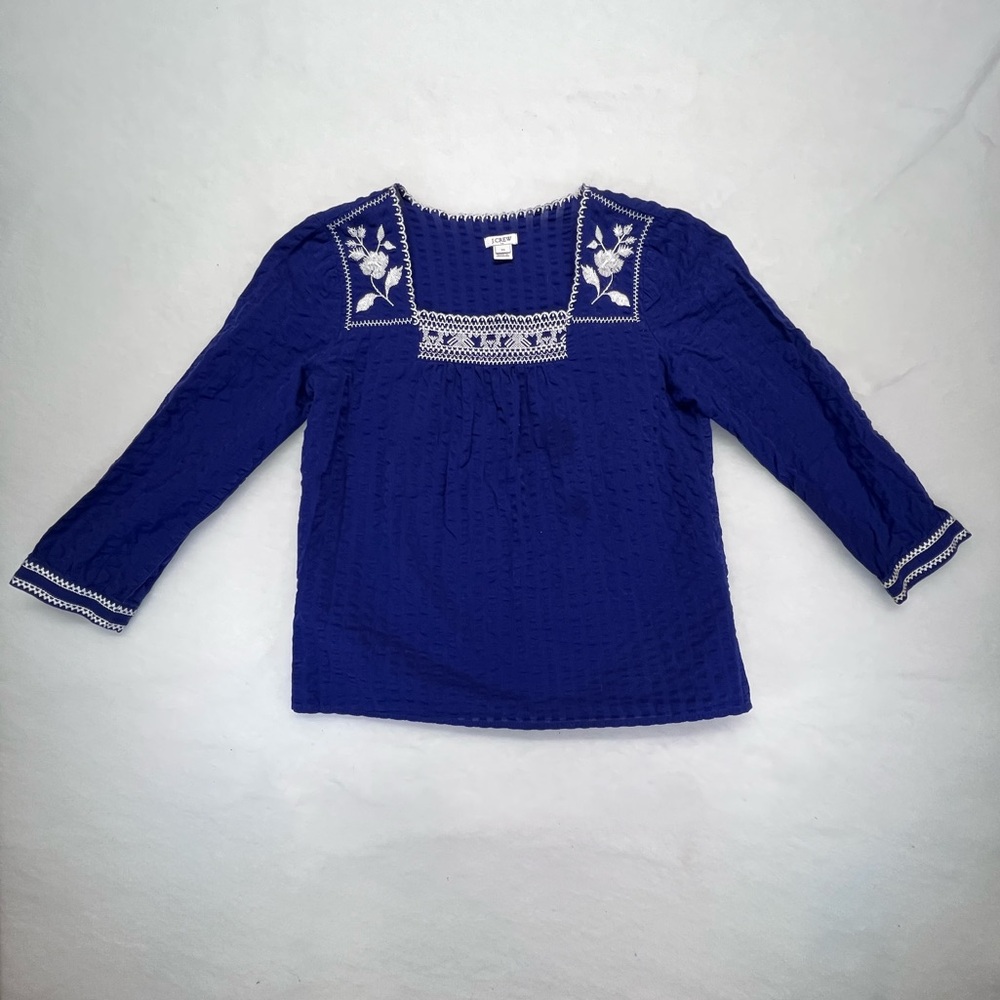 J.Crew Navy Blue Embroidered Seersucker Square Neck Blouse XS Boho Folk Top